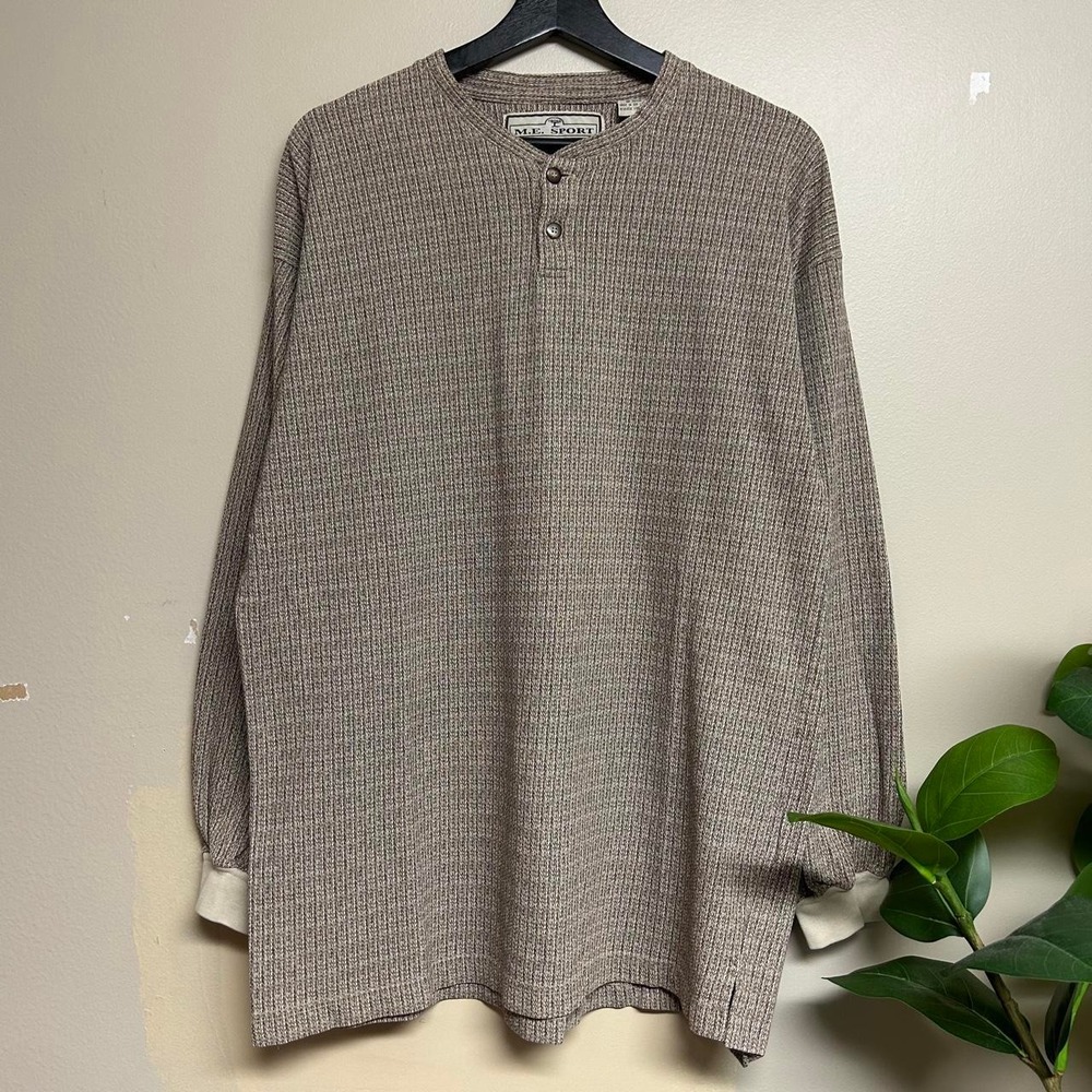 M.E. Sport Vintage 90s Henley Shirt Mens XL Cream Patterned Textured Thermal